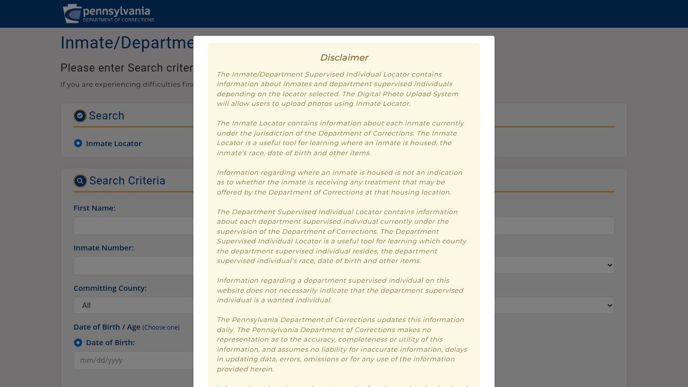 Pennsylvania Department of Corrections Inmate Locator